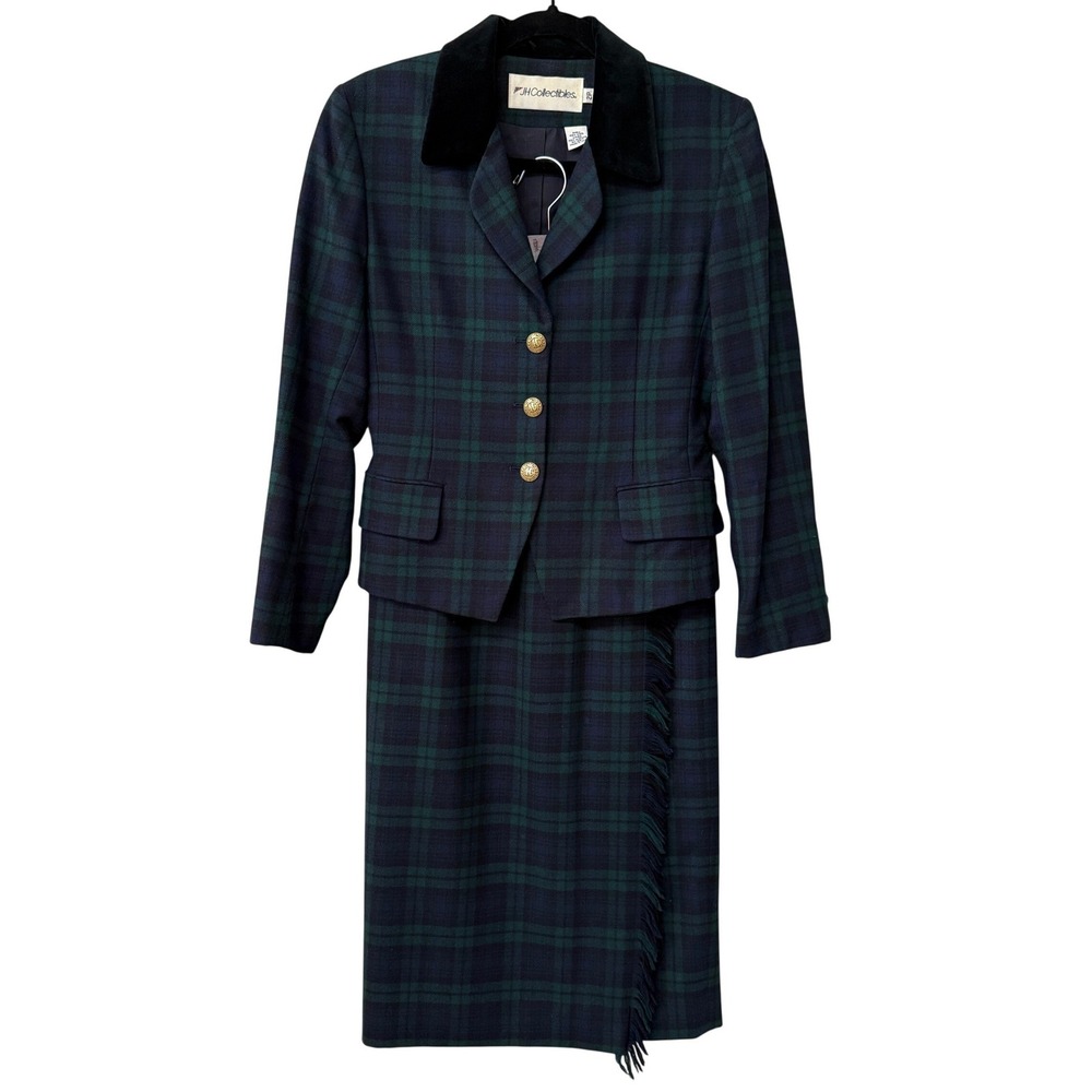 Vintage JH Collectibles Womens Plaid Skirt Suit Wool Tartan Size 2P Velvet Trim